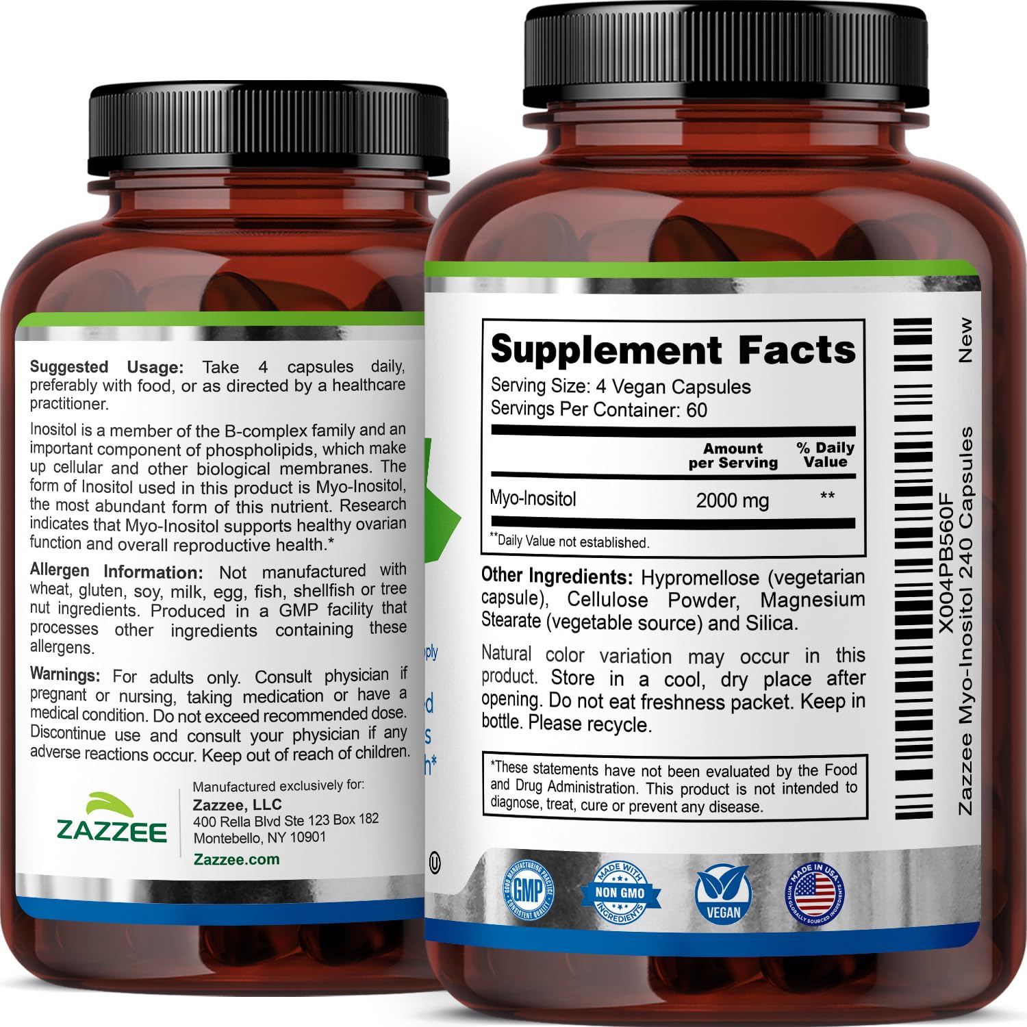 Zazzee Myo-Inositol Capsules, 2000 mg per Serving, 240 Vegan Capsules | Ideal Dosage for 40:1 Ratio, Certified Kosher, Hormone Balance & Healthy Ovarian Function Support, Non-GMO, Made in the USA