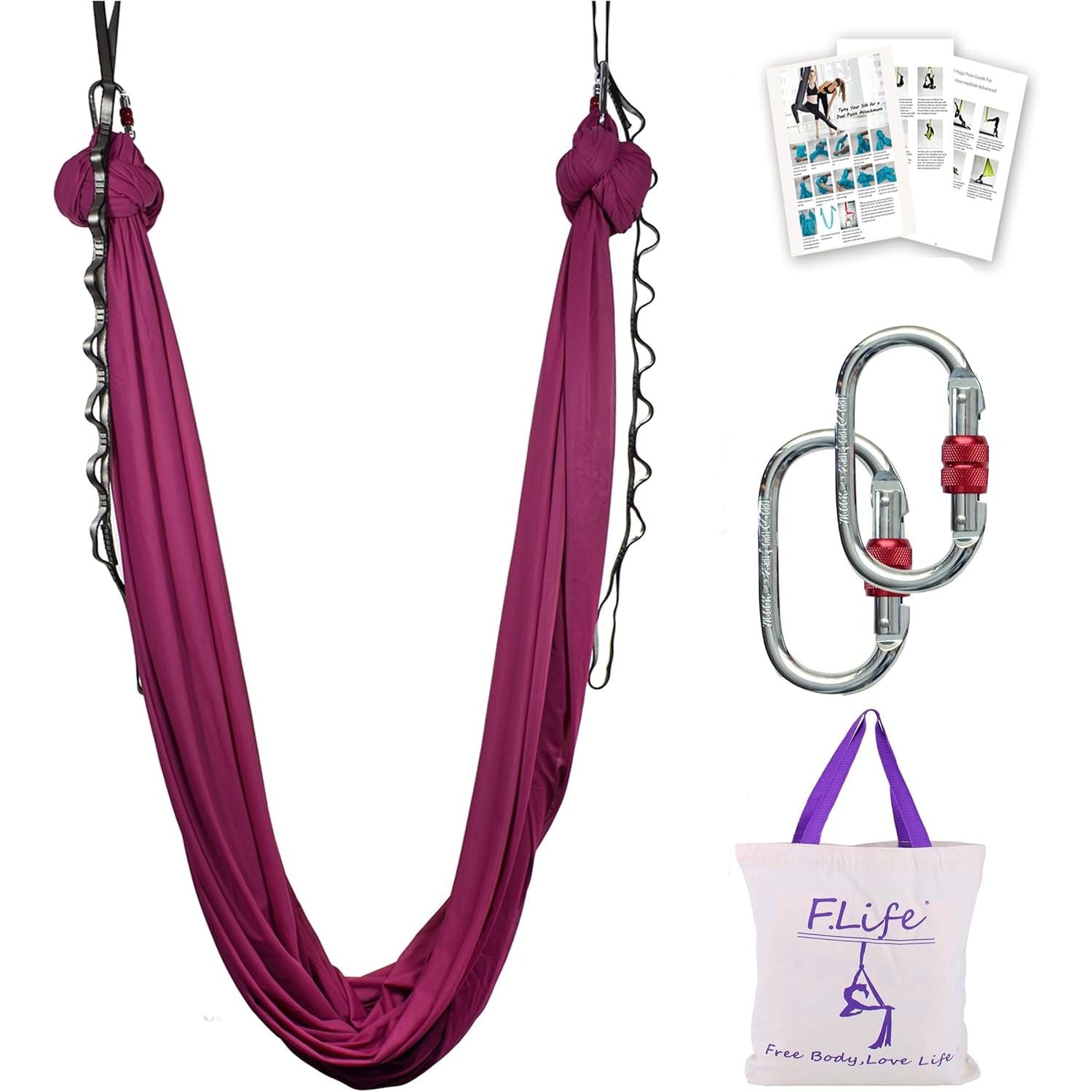 Buy now F.Life Aerial Silk Yoga Hammock & Swing for yoga Inversion,Strength training,starter hardware kit burgundy at indiglob india
