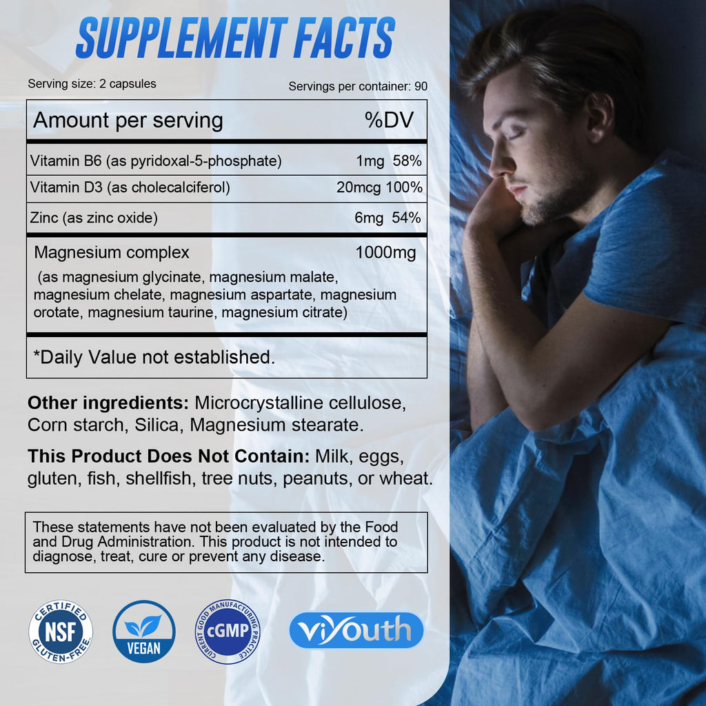 Magnesium 7 Complex Supplement Advanced for Sleep & Muscle, 180 Capsules | 7 Forms of Magnesium (Glycinate, Malate, Chelate, Aspartate, Orotate, Taurine, Citrate), Zinc, Vitamin D3 & Vitamin B6