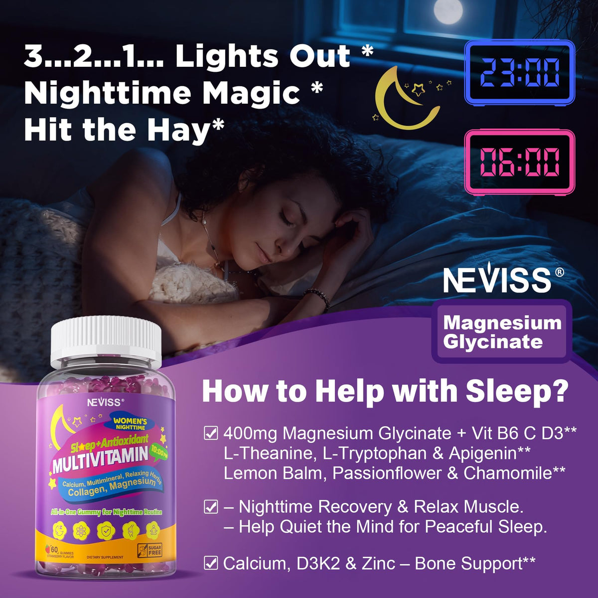 NEVISS 52-in-1 Methylated Multivitamin for Women Gummies with Iron, Omega-3, B6 B9 B12 for Day | Magnesium Glycinate, Calcium, Collagen for Night Renewal/Sleep, Womens 18 30 40 50 60 70+ AM PM Daily
