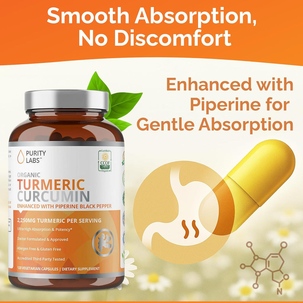 Buy now Purity Labs Organic Turmeric Curcumin Supplement with Piperine 2,250 MG/Serving | 95% Curcuminoids Turmeric Supplements, Antioxidant Joint Pain Relief, Muscle & Brain Support | Non-GMO - 120 Capsules at indiglob india