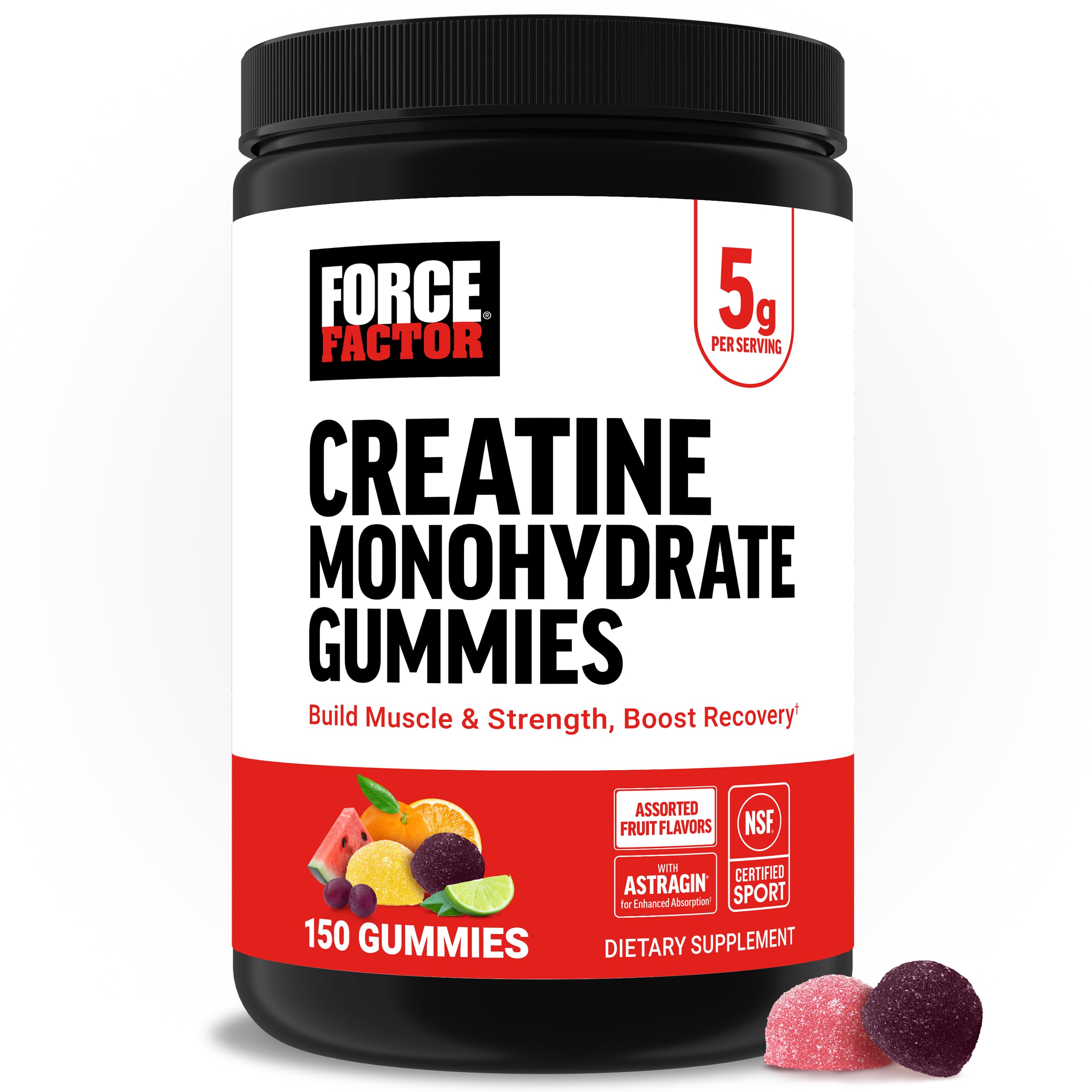 Force Factor Creatine Monohydrate Gummies, NSF Certified | 5g Dose for Men & Women to Support Muscle, Strength, Recovery, Cognitive Health & Memory, Mixed Berry, 150 Gummies