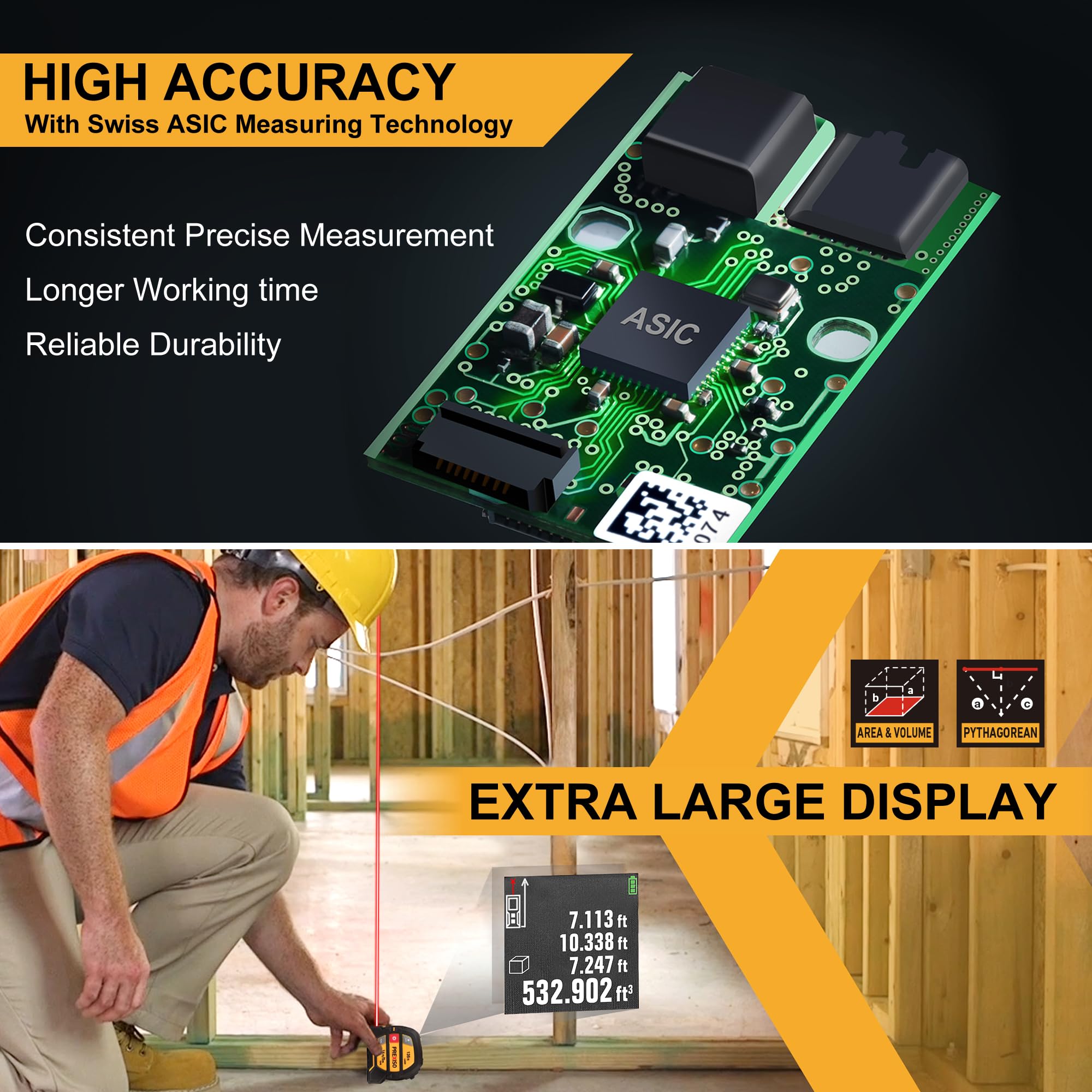 Buy now PREXISO 2-in-1 Laser Tape Measure, 135Ft Rechargeable Measurement Tool & 16Ft Measuring Movable Magnetic Hook - Pythagorean, Area, Volume, Ft/Ft+in/in/M Unit NOT Digital at indiglob india