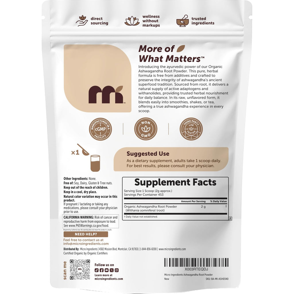 Micro Ingredients Organic Ashwagandha Root Powder, 2 lb | 453 Servings | Pure Withania Somnifera Root | Ancient Ayurvedic Herb