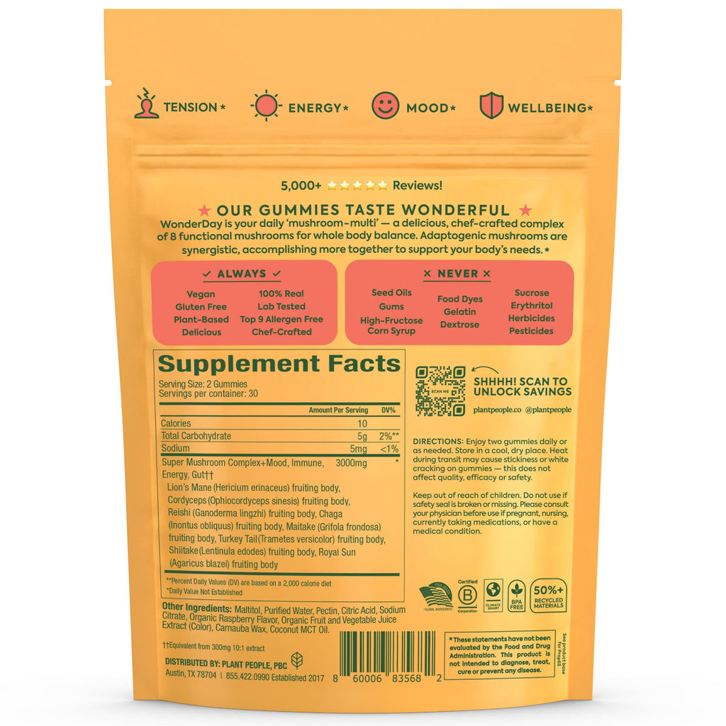 Plant People WonderDay Mushroom Gummies for Energy, Raspberry, 60ct | Chaga Mushroom Supplement to Support Immune System De-Stress Boost Mood & Energy in Adults Natural, Vegan, Non-GMO