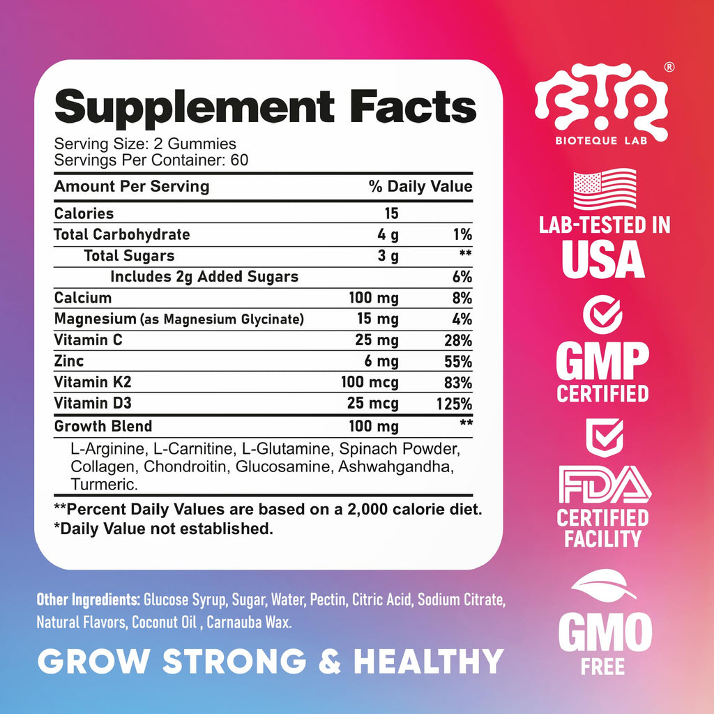BIOTEQUELAB Height Growth Increase Gummies Vitamins, Grow Tall Supplement, Calcium, Magnesium, Zinc, Ashwagandha, Glucosamine Multivitamin for Teens, Kids, 120 Gummies