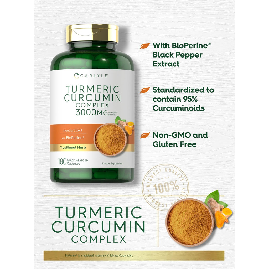 Carlyle Turmeric Curcumin Supplement | 180 Capsules | with Black Pepper