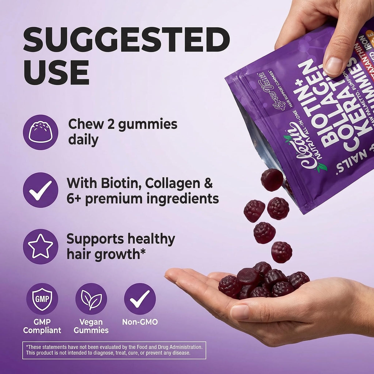 Biotin Gummies for Hair Growth, Hair Vitamins for Women with Collagen Keratin Zinc Saw Palmetto Horsetail Astaxanthin Pumpkin Seed MSM Grape Seed Iron Vitamins A D E, GrowVana by Clean Nutra 90 Count
