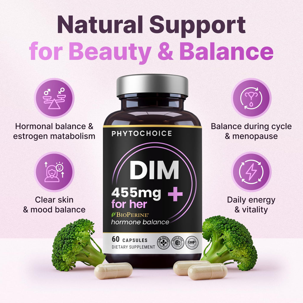 DIM for Women 350mg High Potency with BioPerine® & Broccoli Extract – 455mg Total Complex for Hormone Balance, Estrogen Metabolism, PMS & Menopause Support, Clear Skin & Women’s Wellness, 60 Capsules