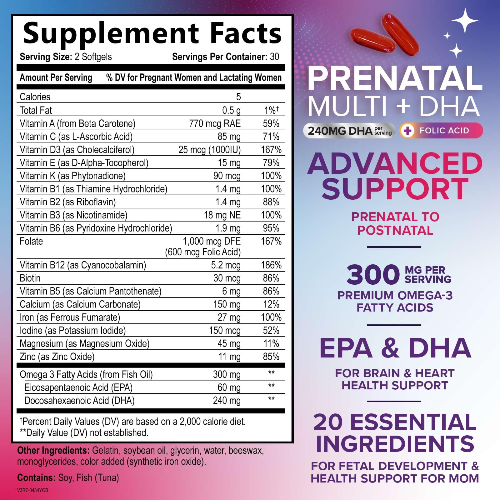 Prenatal Vitamins for Women with Folic Acid + Omega 3 DHA for Fetal Brain Development, Best Prenatal Vitamin Supplement, Daily Pregnancy Multivitamin Nutritional Support, Non-GMO - 60 Softgels