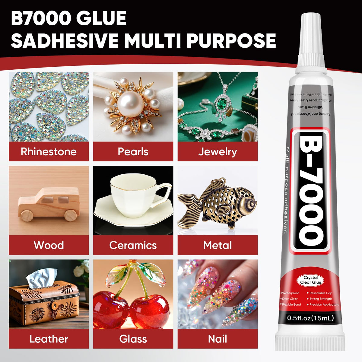 6 PCS 15ml B7000 Rhinestone Glue Clear for Bedazzling with Precision Tip