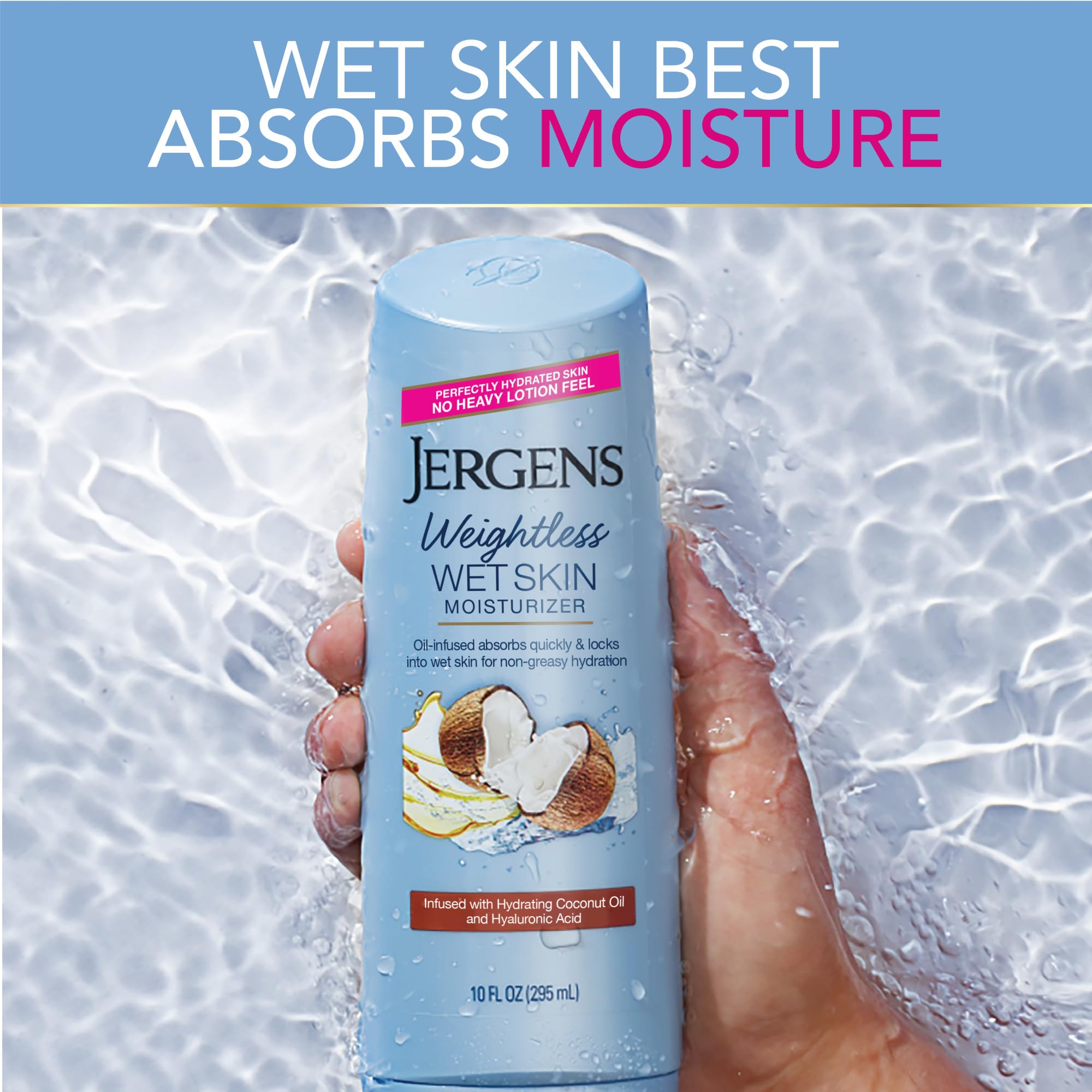 Jergens Wet Skin Body Moisturizer with Coconut Oil, In Shower Lotion for Dry Skin, Fast-Absorbing, Non-Sticky, Dermatologist Tested, 10 Oz, Pack of 3 | Coconut Oil, Hyaluronic Acid, Fast Absorption, Non-Sticky Formula, Dermatologist Tested