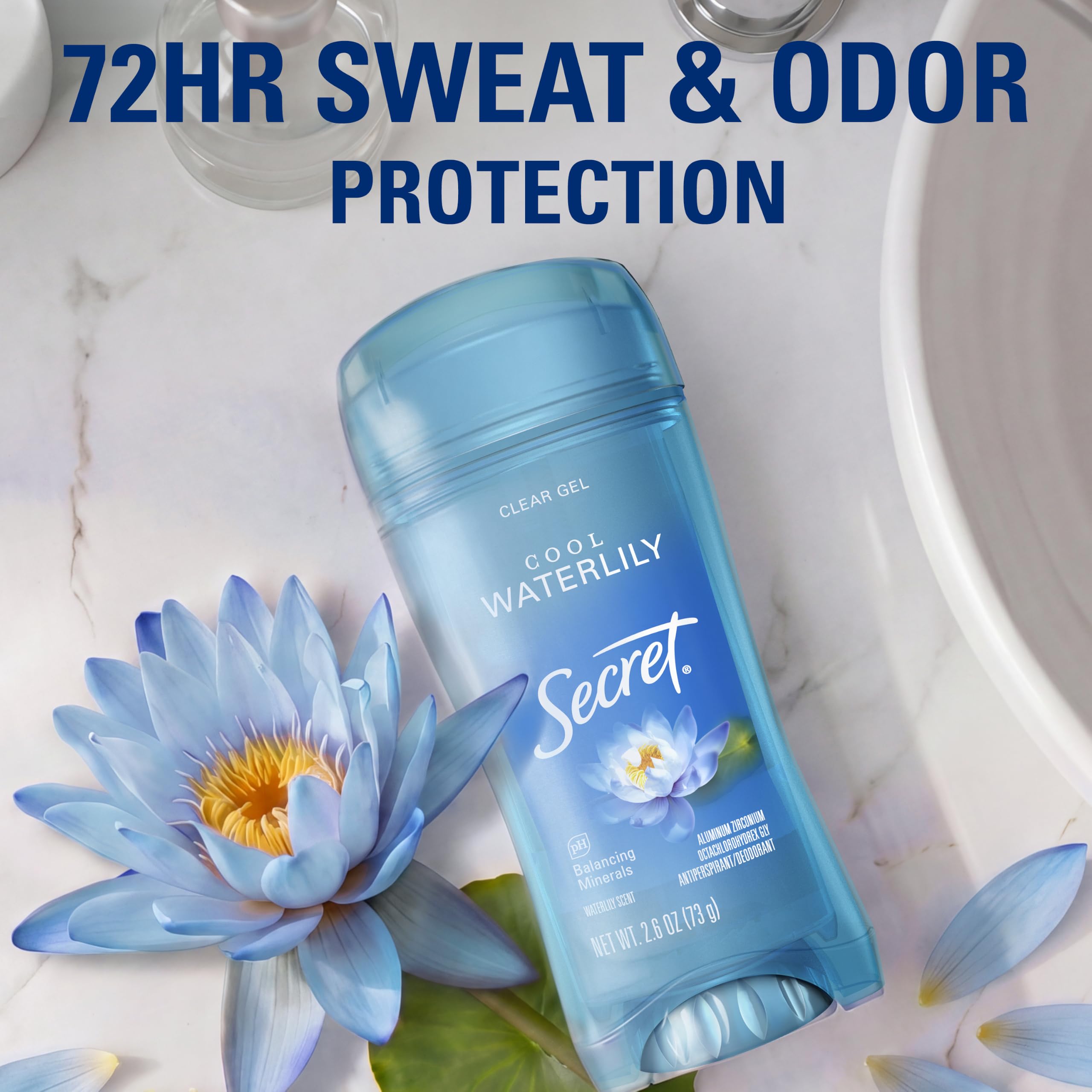 Secret Fresh Antiperspirant Deodorant for Women, 72hr Breathable Sweat & Odor Protection, Instant Freshness & Gentle, PH Balancing Minerals, Clear Gel, Cool Waterlily Scent, 2.6 oz (Pack of 3)