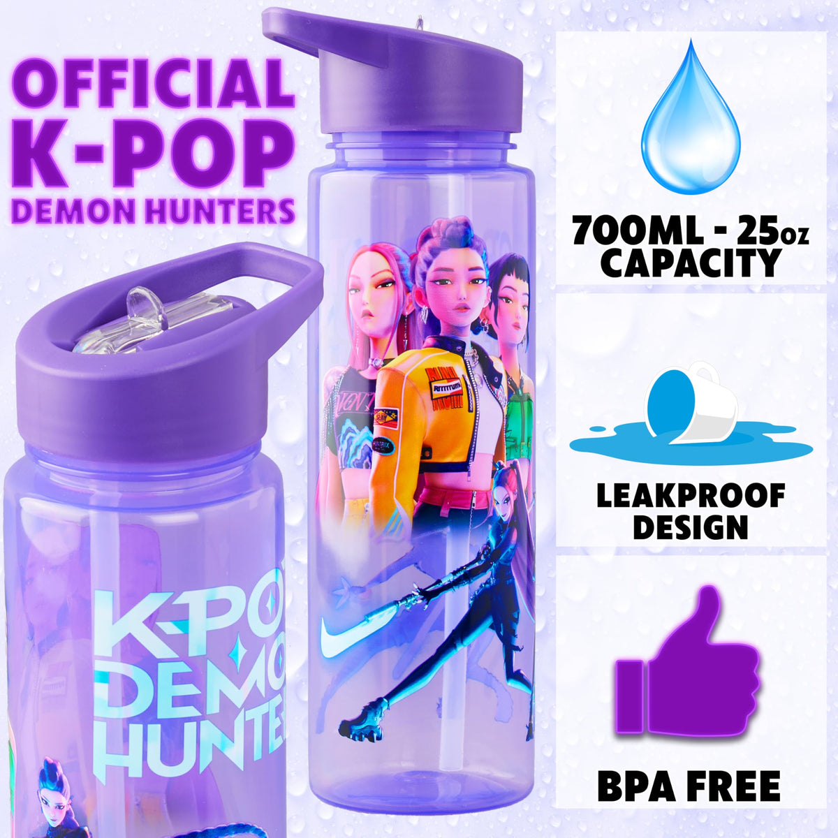 KPop Demon Hunters Officially Licensed Huntrix Water Bottle for Girls, 25oz Leak Proof with Straw Lid, Gifts for Girls