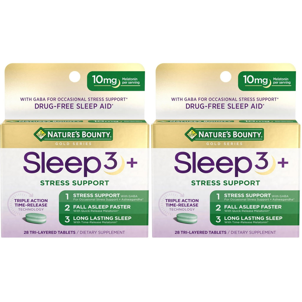 Nature's Bounty Stress Support Plus Melatonin, 56 Tri-Layered Tablets | Sleep3 Maximum Strength 100% Drug Free Sleep Aid, Dietary Supplement with Ashwagandha, Time Release Technology, 10mg