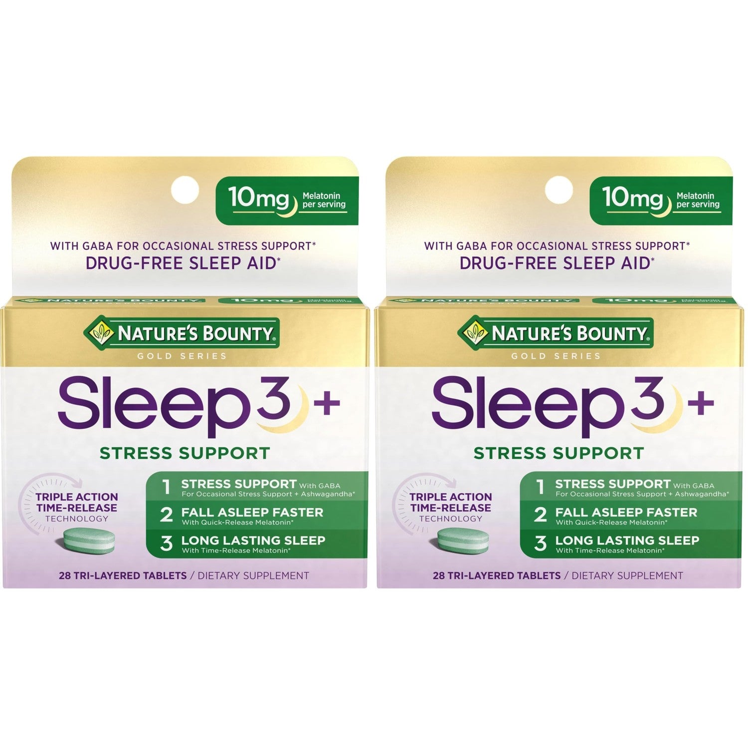Nature's Bounty Stress Support Plus Melatonin, 56 Tri-Layered Tablets | Sleep3 Maximum Strength 100% Drug Free Sleep Aid, Dietary Supplement with Ashwagandha, Time Release Technology, 10mg