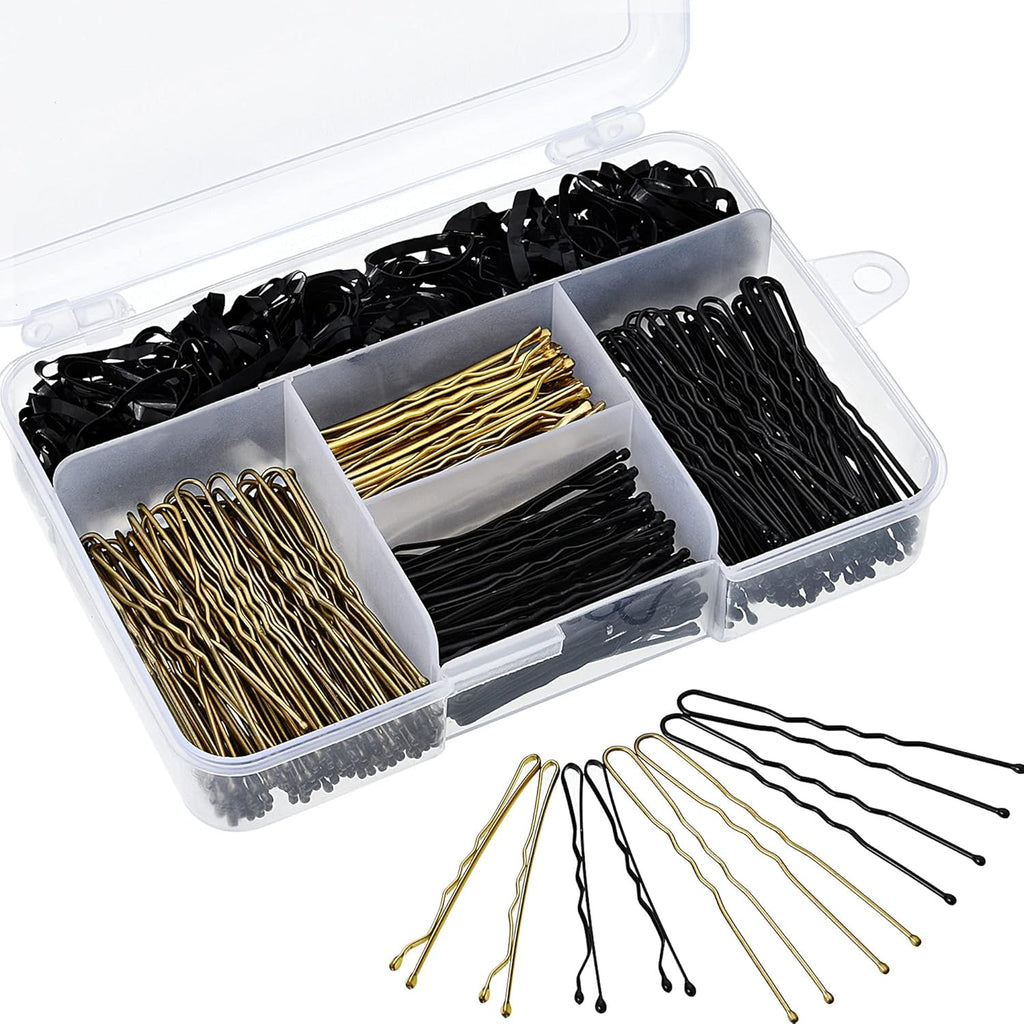 Buy now Hicarer 300 Pcs Hair Pins Set Including 100 Pcs Bobby Pins 100 Pcs U Hair Pins and 100 Pcs Rubber Hair Bands with Storage Box for All Hair Types Girls Women Gift, Black and Gold at indiglob india