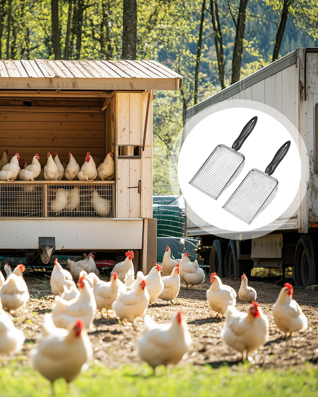 Chicken Poop Scooper for Coop,2 Pack Chicken Coop Poop Scoop Shovel with 3.8mm & 5mm Mesh, Metal Chicken Coop Rake and Scoop Tool,Scooper Shovel for Sifting Sand, Litter, Chicken Supplies