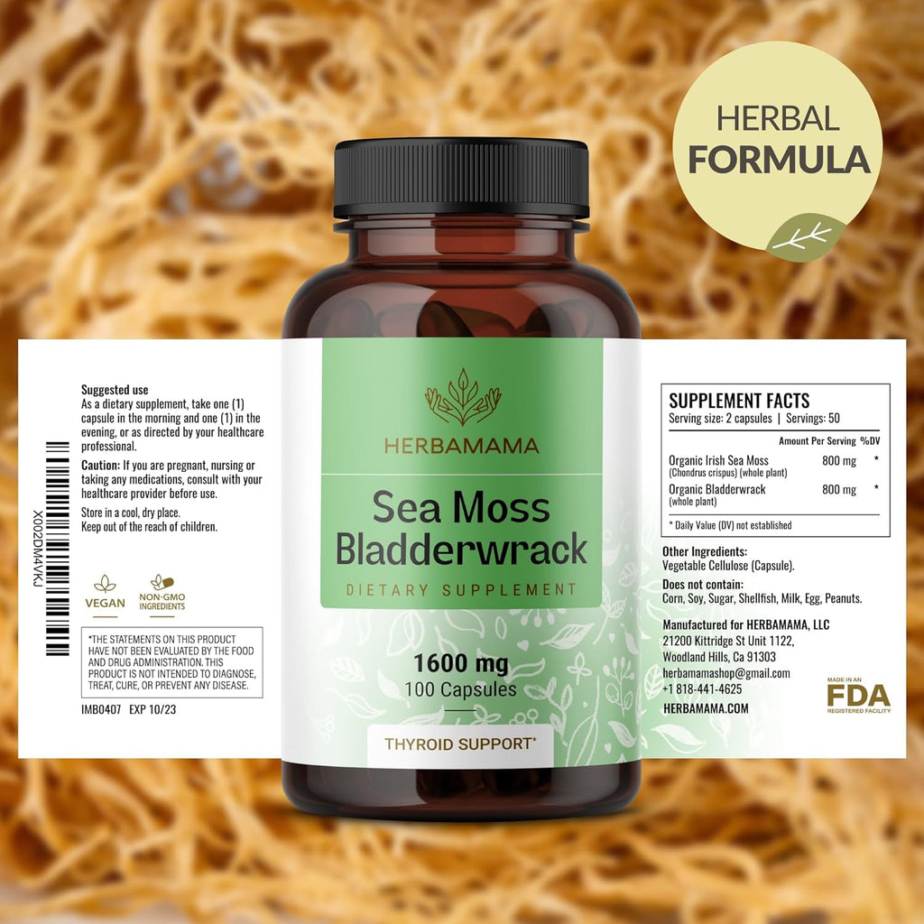 Buy now HERBAMAMA Sea Moss and Bladderwrack Capsules - 1600mg Irish Sea Moss for Immune Support - Vegan, Non-GMO Immunity Supplement for Overall Support at indiglob india