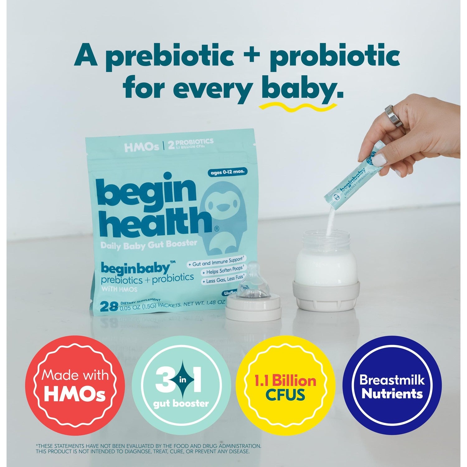 Begin Health Beginbaby® Prebiotics and Probiotics for Infants 0-12 Months | Baby Formula Prebiotic + Probiotic Powder with 2'-FL HMO's & B. Infantis for Optimal Digestion | 28-Packs - Unflavored