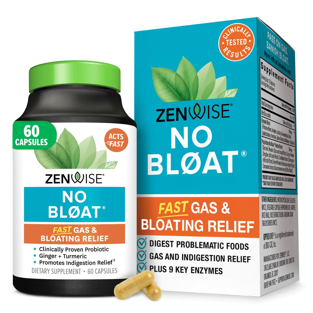 Zenwise Health No Bloat Digestive Enzymes Probiotics Bloat Relief - 60 CT | Bloating Relief, Capsules, Debloat, Digestive Enzymes + Probiotics, Dandelion, Lactase, Ginger, Turmeric, Vegetarian, Women