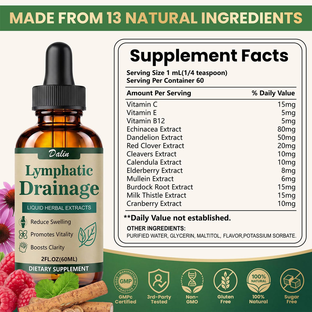 Dalin Liposomal Lymphatic Drainage Drops - 21 in 1 Organic Lymphatic Drainage Supplement with Burdock Root, Echinacea, Elderberry, Calendula - Supports Lymphatic Health - Liquid Form - 1pc - 2 fl oz