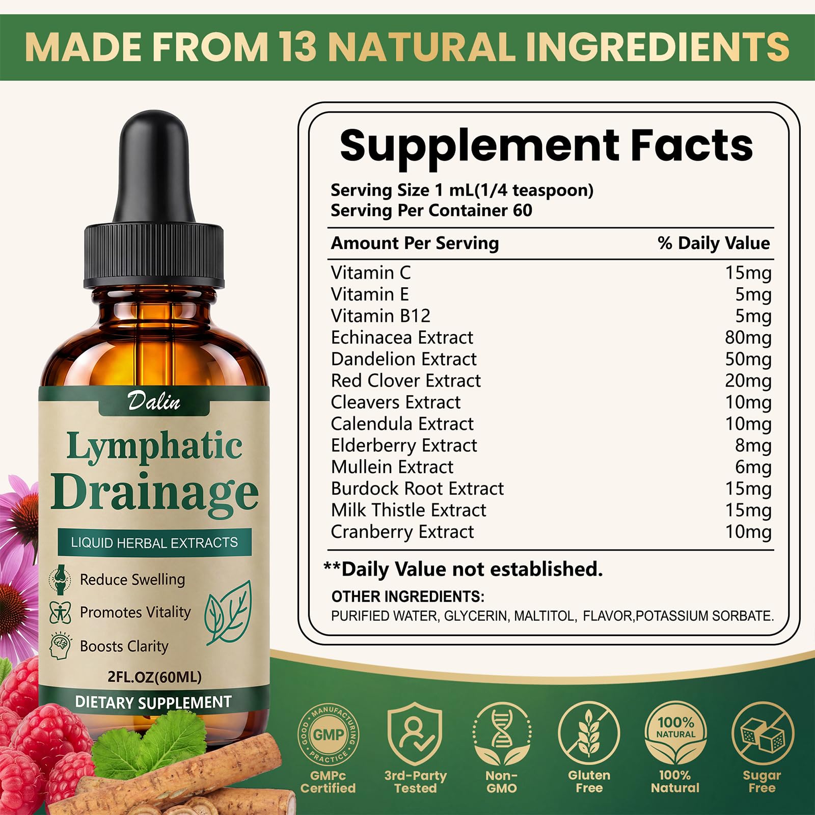 Dalin Liposomal Lymphatic Drainage Drops - 21 in 1 Organic Lymphatic Drainage Supplement with Burdock Root, Echinacea, Elderberry, Calendula - Supports Lymphatic Health - Liquid Form - 1pc - 2 fl oz