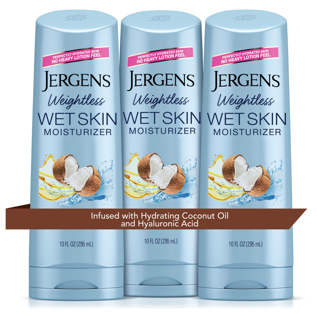 Jergens Wet Skin Body Moisturizer with Coconut Oil, In Shower Lotion for Dry Skin, Fast-Absorbing, Non-Sticky, Dermatologist Tested, 10 Oz, Pack of 3 | Coconut Oil, Hyaluronic Acid, Fast Absorption, Non-Sticky Formula, Dermatologist Tested
