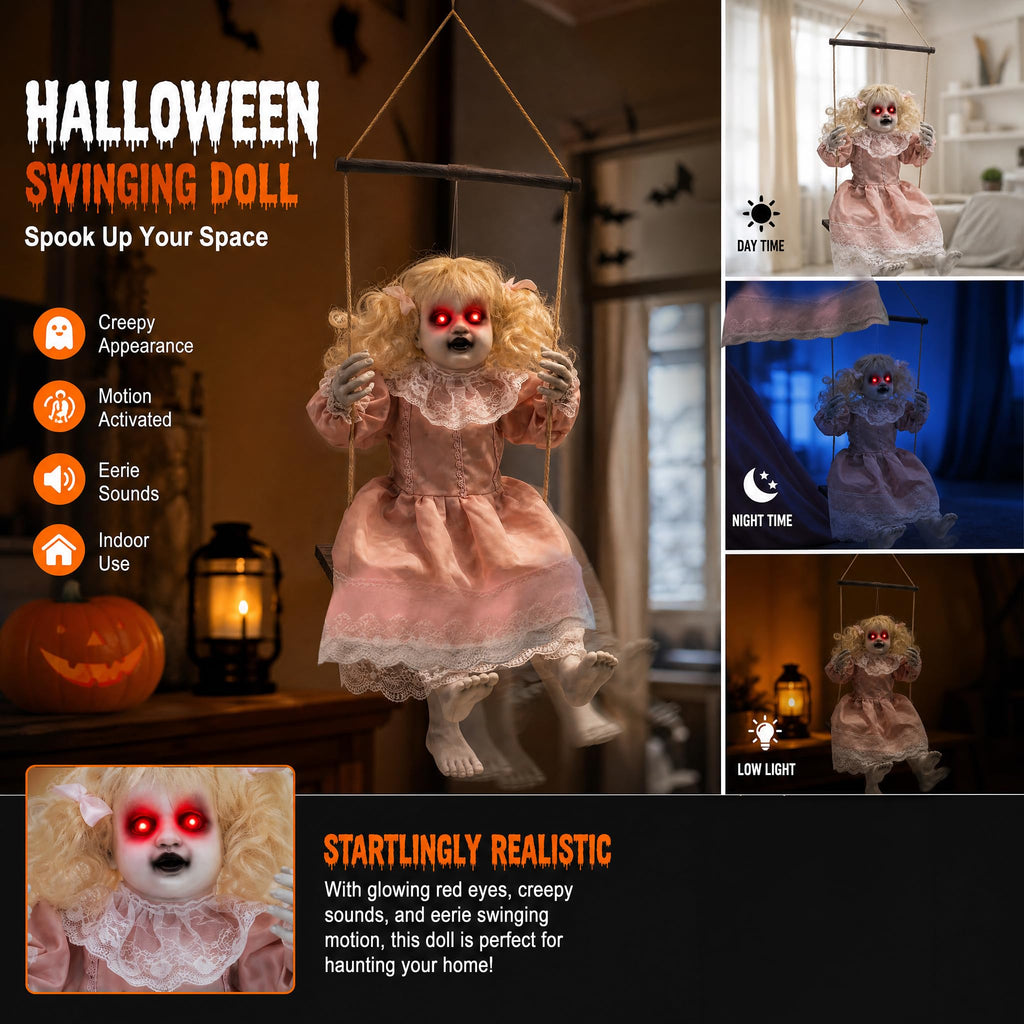 TW SHINE Halloween Animatronic Doll Decorations Outdoor, Animated Hanging Swinging Girl with Lighted Eyes Creepy Sounds, Sound Activated Scary Halloween Prop Decor for Outside Indoor Haunted House