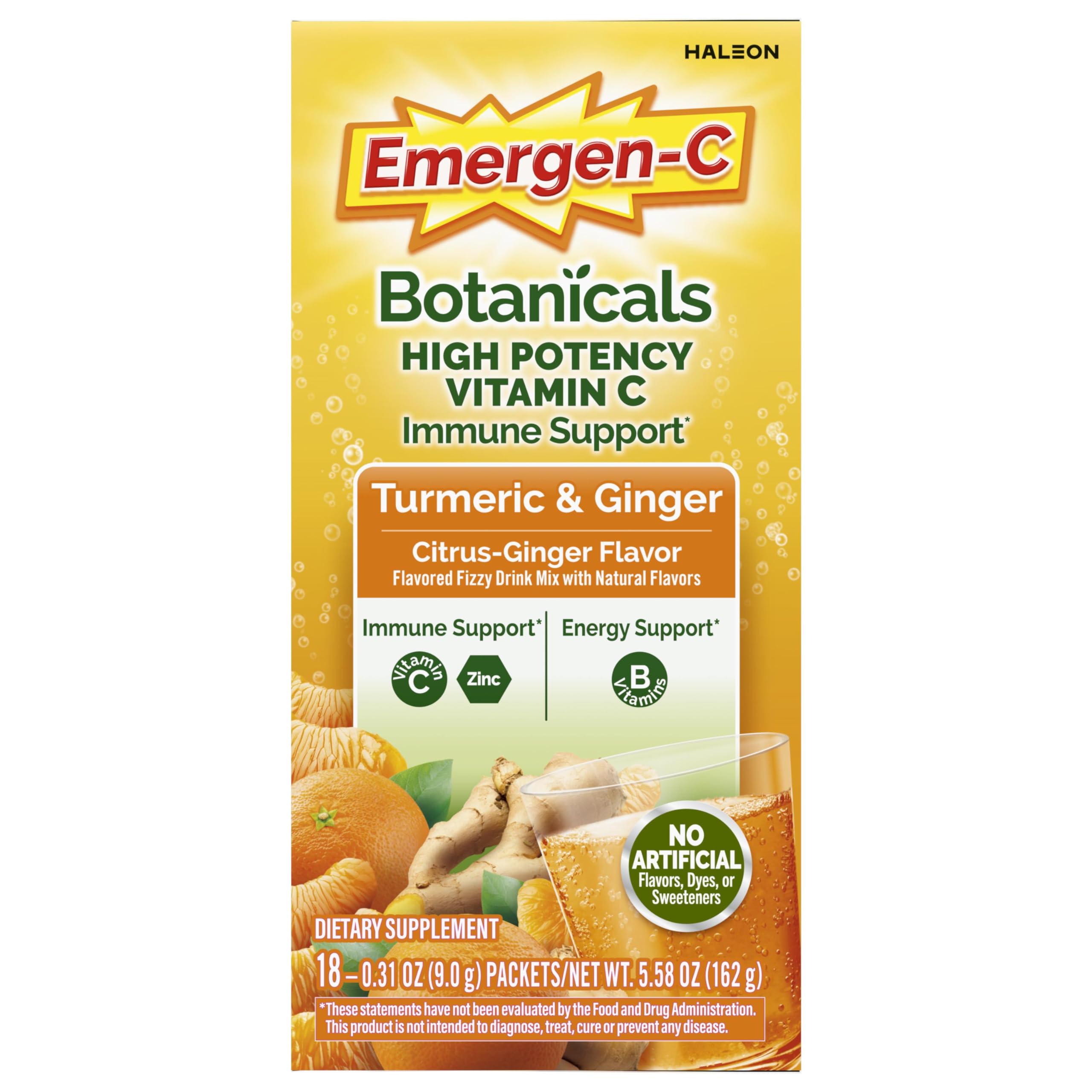 Emergen-C Vitamin C Immune Support Powder, Citrus Ginger, 18 ct | With Turmeric and Ginger, B Vitamins for Energy, Zinc and Manganese, Gluten Free, Caffeine Free