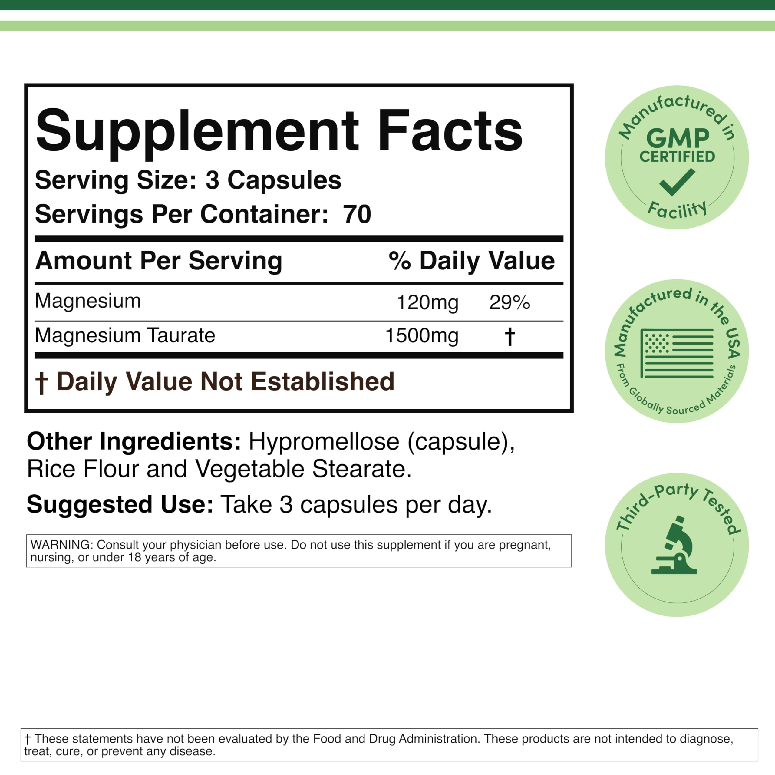 Magnesium Taurate 1,500mg, Heart Health Support, 210 Vegan Capsules | Heart + Cardiovascular Supplement, Magnesium + Taurine Synergy, 120mg Elemental Magnesium, Sleep Support, Vegan, Non-GMO