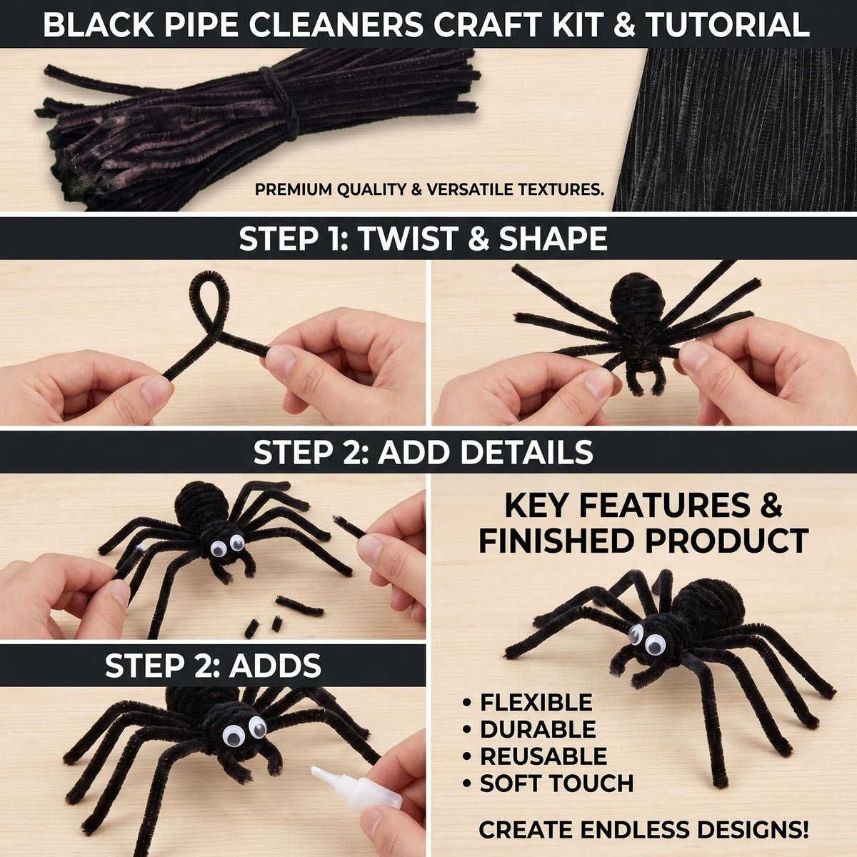Black Pipe Cleaners Chenille Stems 100 Pieces for DIY Art Craft Decorations Creative (0.24 x 12 Inch)