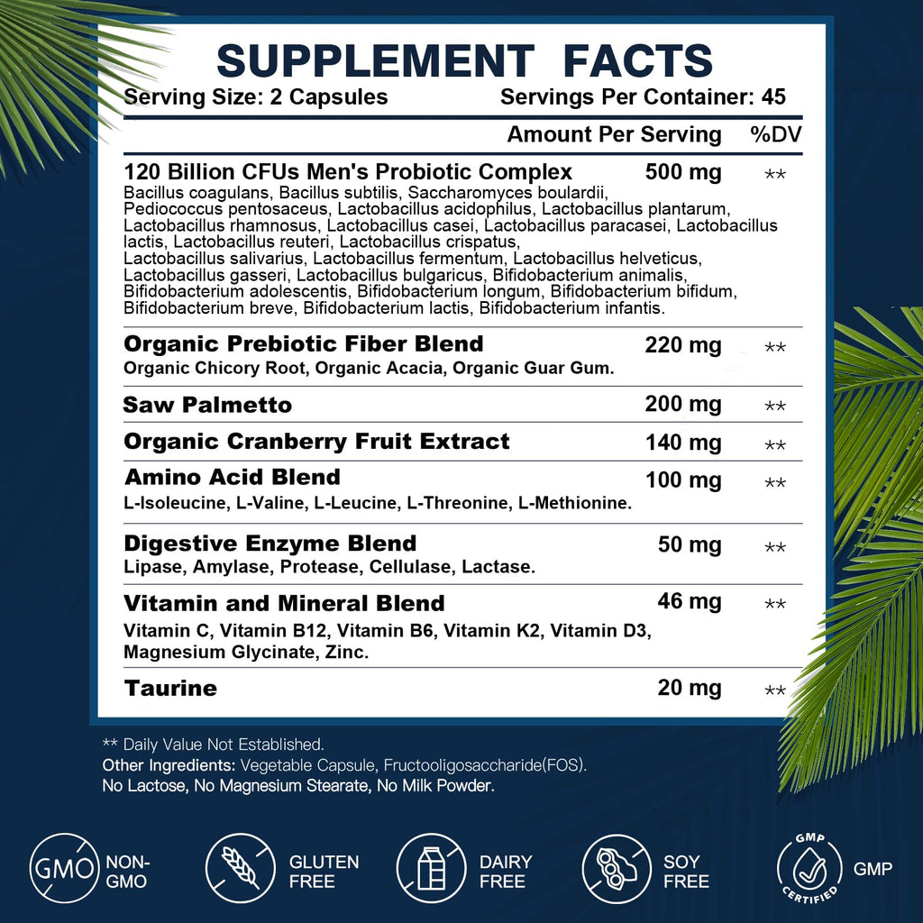 DRFOSTER Probiotics for Men Digestive Health, 120 Billion CFU, 90 Capsules | with Digestive Enzymes & Prebiotics & Saw Palmetto & Cranberry for Gut, Prostate & Urinary Tract Health, Shelf Stable
