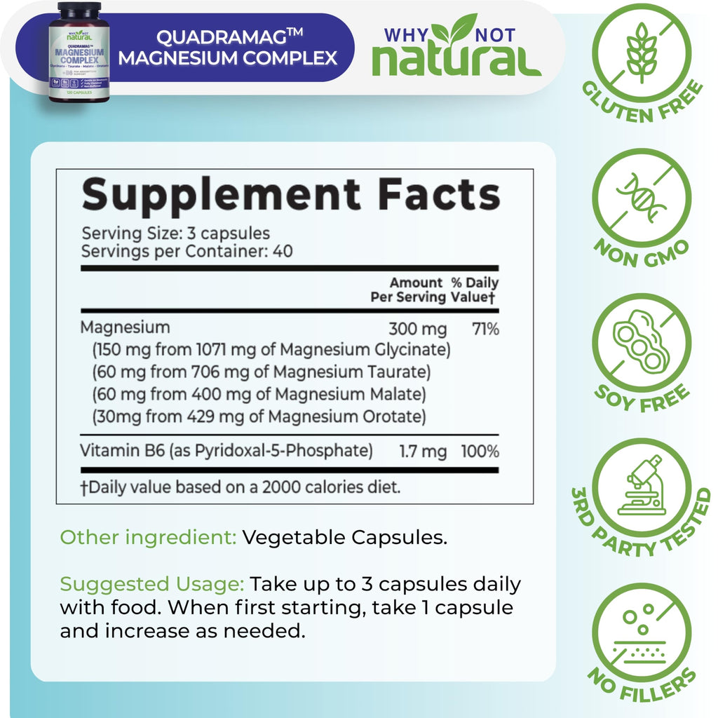 4-in-1 Magnesium Complex Supplement - Glycinate, Taurate, Malate, Orotate Blend - 300 mg per Serving, 120 Capsules