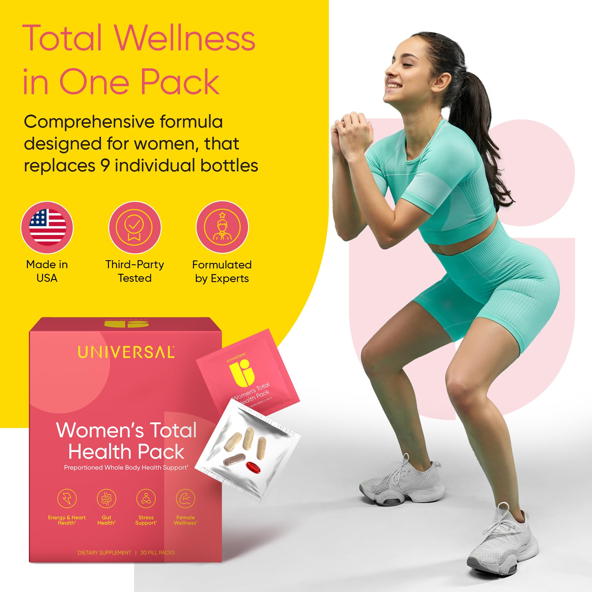 Universal U Women's Total Health Vitamin Packs — 23+ Vitamins, Minerals & Omega-3 Krill Oil with Ashwagandha, Cranberry & Chaste Tree Berry | Energy, Hormonal Balance, Mood, Skin, Gut | 30 Daily Packs