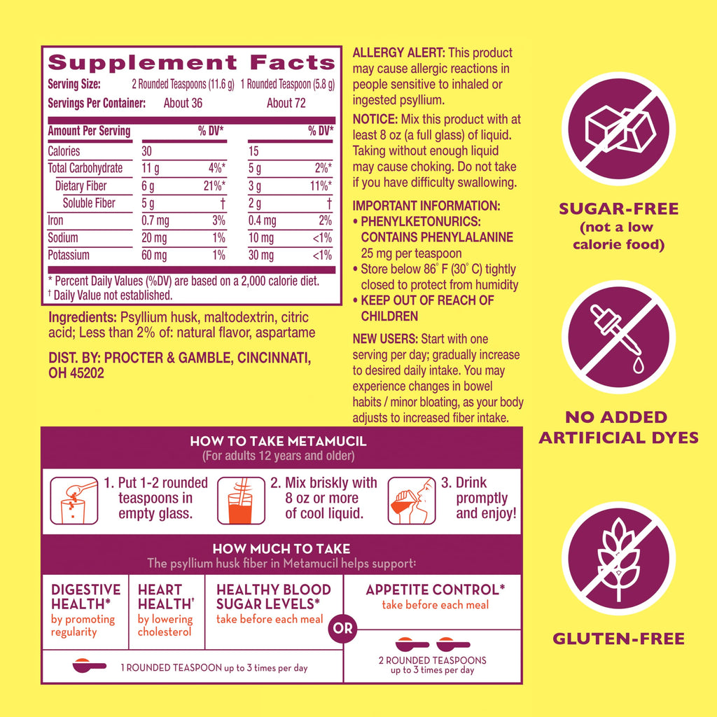 Metamucil 4in1 Lemonade Flavored Fiber Supplement Powder, Fiber Powder for Promote Digestive Health and Regularity*, Sugar-Free, Naturally Sourced Psyllium Fiber, 180 teaspoons