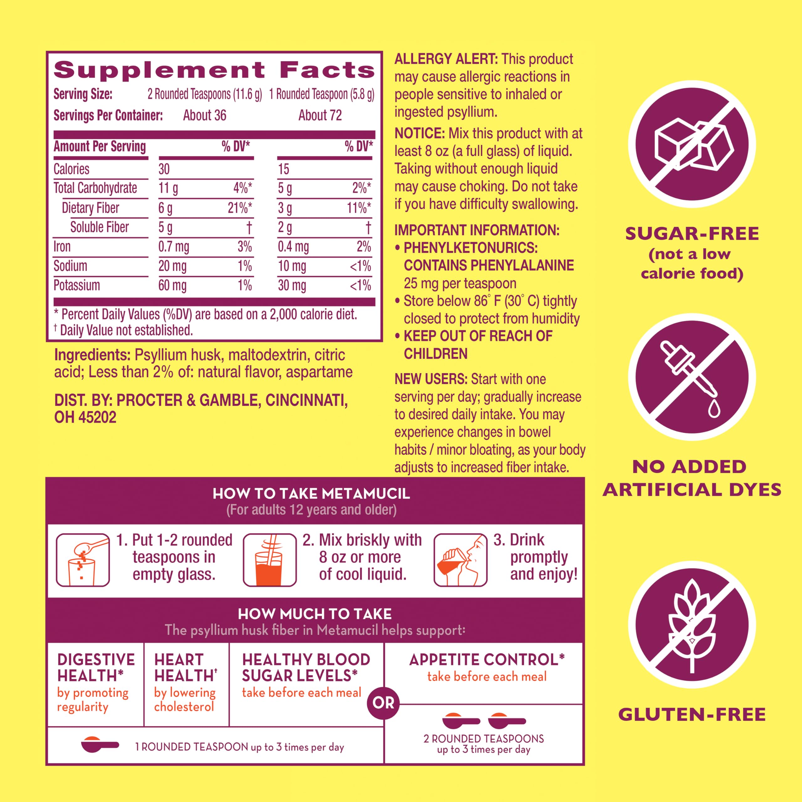Metamucil 4in1 Lemonade Flavored Fiber Supplement Powder, Fiber Powder for Promote Digestive Health and Regularity*, Sugar-Free, Naturally Sourced Psyllium Fiber, 180 teaspoons