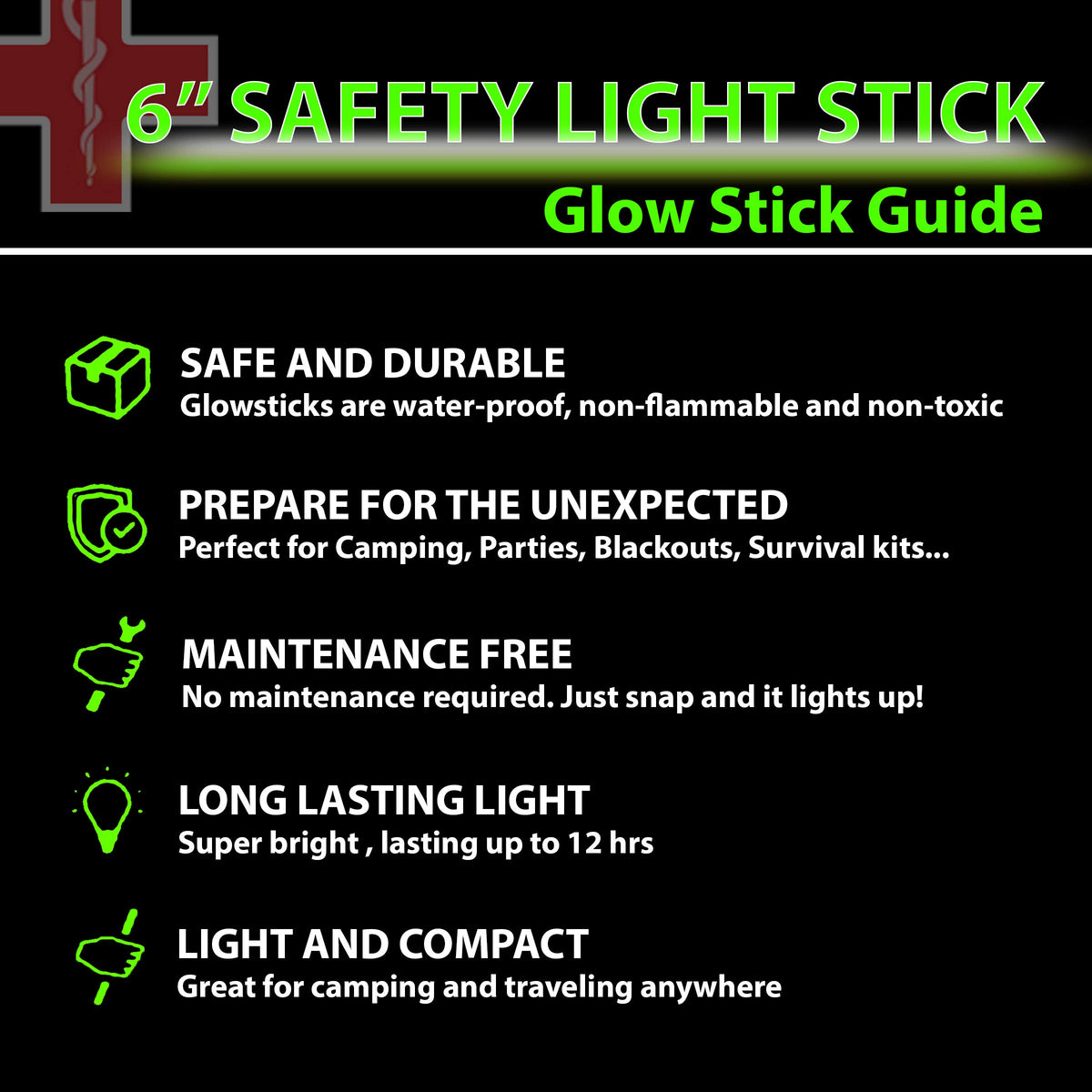 32 Ultra Bright 6 Inch Large Green Halloween Glowsticks - Chem Lights Sticks with 12 Hour Duration - Camping Glowsticks, Emergency Glow Stick For Storms Blackouts - Glowsticks for Parties Activities