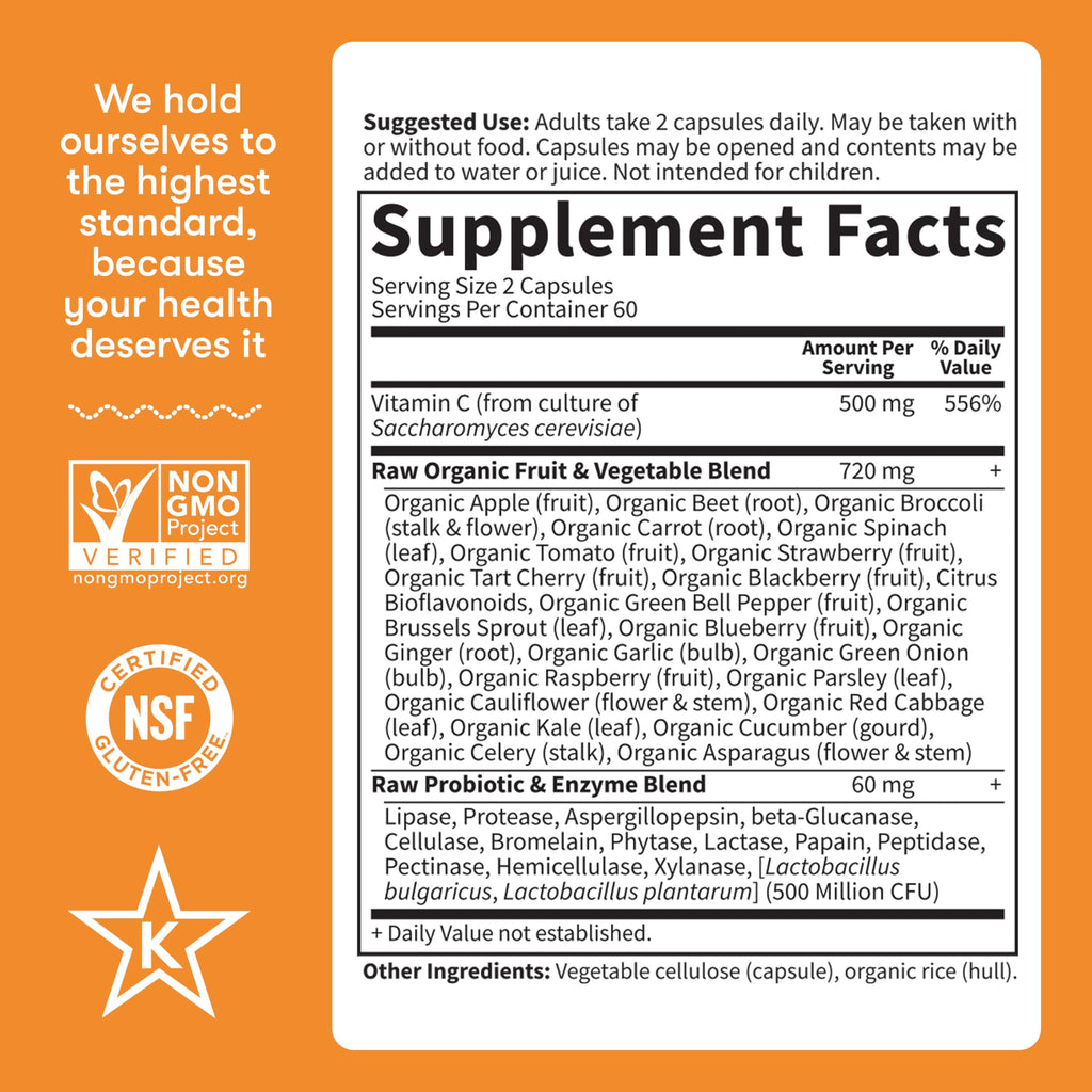 Garden of Life Vitamin Code Raw Vitamin-C, 500mg Whole Food VIT-C Capsules + Fruit & Veggie Blend & Probiotics, Supplements for Adults, Vegan, Gluten Free, 120 Capsules, (Pack of 6)