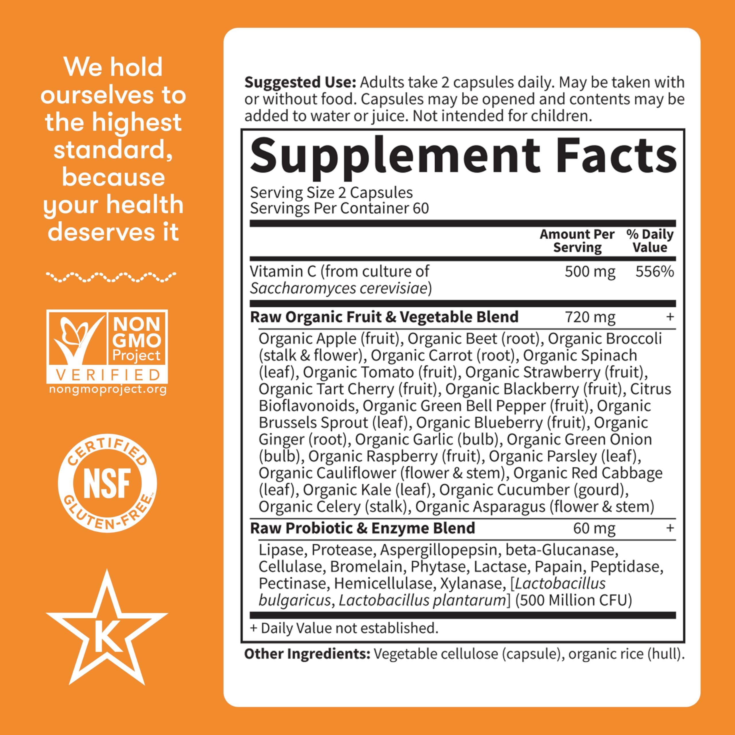 Garden of Life Vitamin Code Raw Vitamin-C, 500mg Whole Food VIT-C Capsules + Fruit & Veggie Blend & Probiotics, Supplements for Adults, Vegan, Gluten Free, 120 Capsules, (Pack of 6)