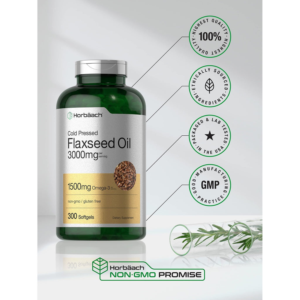 Horbäach Flaxseed Oil Softgel Capsules 3000mg | 300 Count | High Potency
