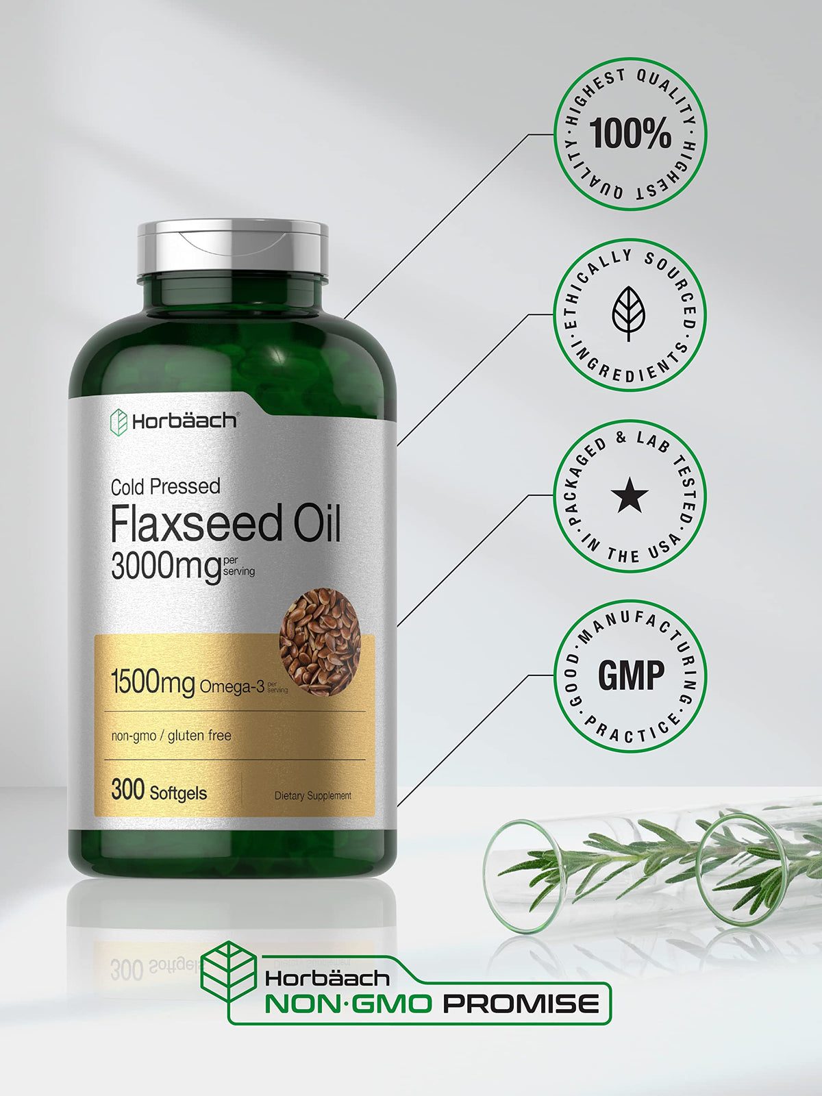 Horbäach Flaxseed Oil Softgel Capsules 3000mg | 300 Count | High Potency