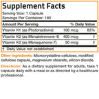 Bronson Vitamin K Triple Play Full Spectrum K1 & K2 MK-4/MK-7, 180 Capsules | 550 mcg Total Vitamin K: 100 mcg K1 + 450 mcg K2, Strong Bone Support, Non-GMO & Gluten-Free