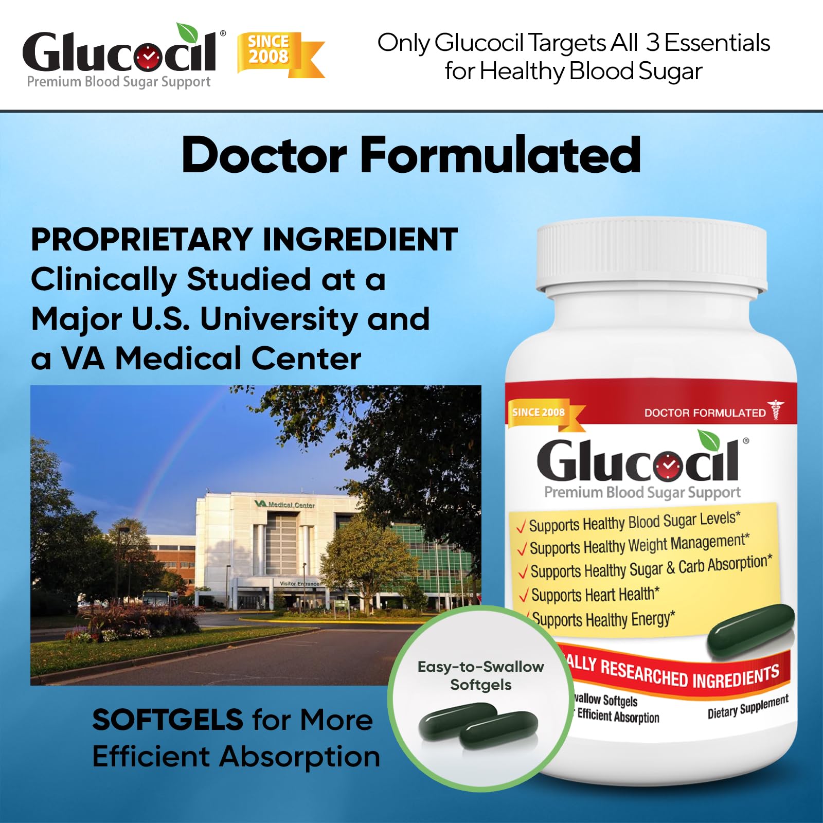 Glucocil – Softgels - Premium Blood Sugar Support - New Clinical Study Published March 2026-3 Million Bottles Sold - Supports the 3 Essentials for Healthy Blood Sugar - Since 2008