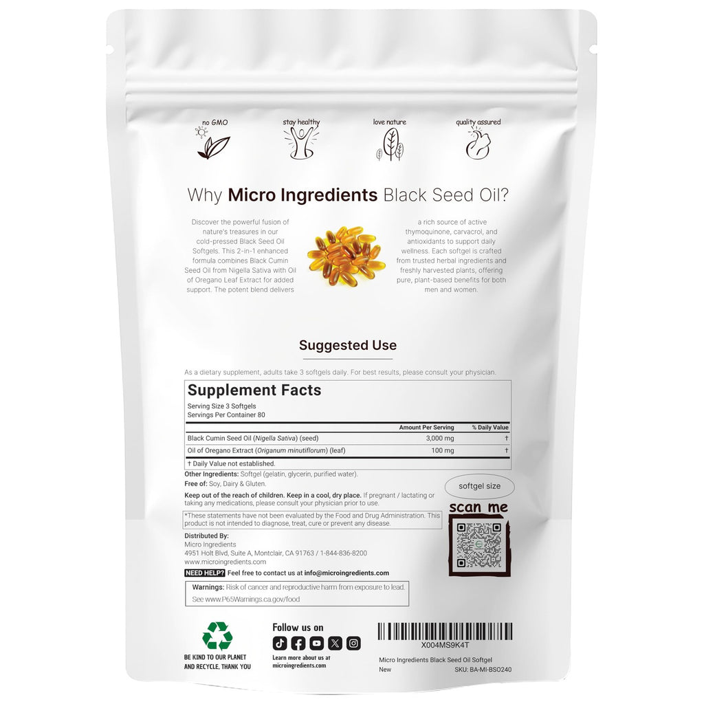 Micro Ingredients Black Seed Oil Softgels, 3,000mg, 240 Count | 2-in-1 Formula with Oil of Oregano, Carvacrol & Thymoquinone | Plant Based, Non-GMO