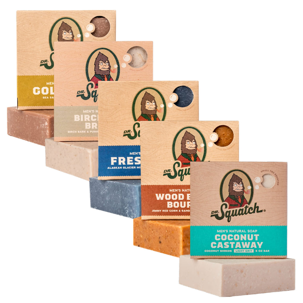 Buy now Dr. Squatch Natural Men’s Bar Soap - Cold Process Body Soap Bar with Natural Oils - Gifts for Men - Coconut Castaway, Wood Barrel Bourbon, Fresh Falls, Birchwood Breeze & Gold Moss (5 oz, 5-Pack) at indiglob india
