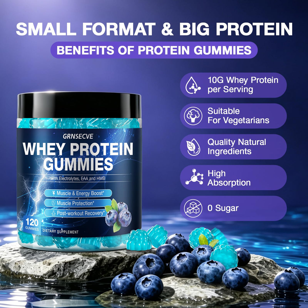 Whey Protein Gummies - High Protein Supplements 10g Per Serving for Muscle & Energy Support, Bone Health - Protein Gummy Rich in Electrolytes, EAA & HMB, Sugar Free, Blueberry Flavor, 120 Count