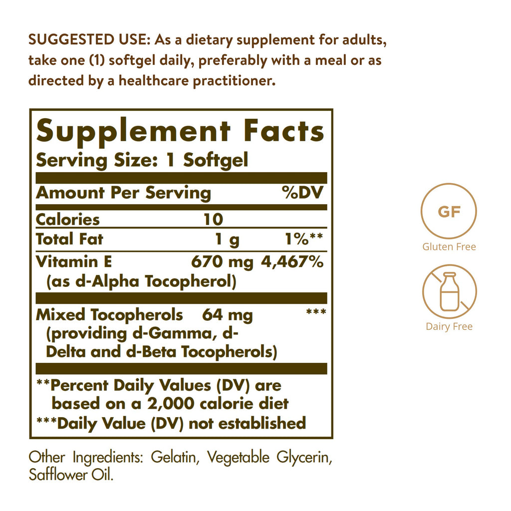 Solgar Vitamin E 670 mg (1000 IU), 100 Mixed Soft Gels - Non GMO | Suitable for Vegetarians, Gluten Free