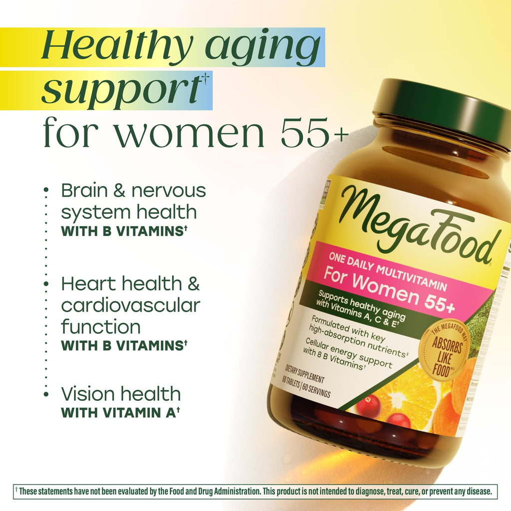 MegaFood One Daily Multivitamin for Women 55+, 19 Nutrients, 120 Tablets | Supports Healthy Aging with Vitamin C, A, E, Cellular Energy Support with B Vitamins, D3 & Zinc, Vegetarian, 120 Servings