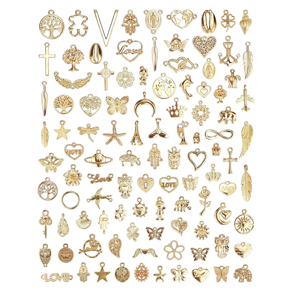 100 Pcs Wholesale Bulk Lots Jewelry Making Charms, Mixed Golden KC Gold Alloy Charms Pendants for Necklace Bracelet Jewelry Making and Crafting supplies